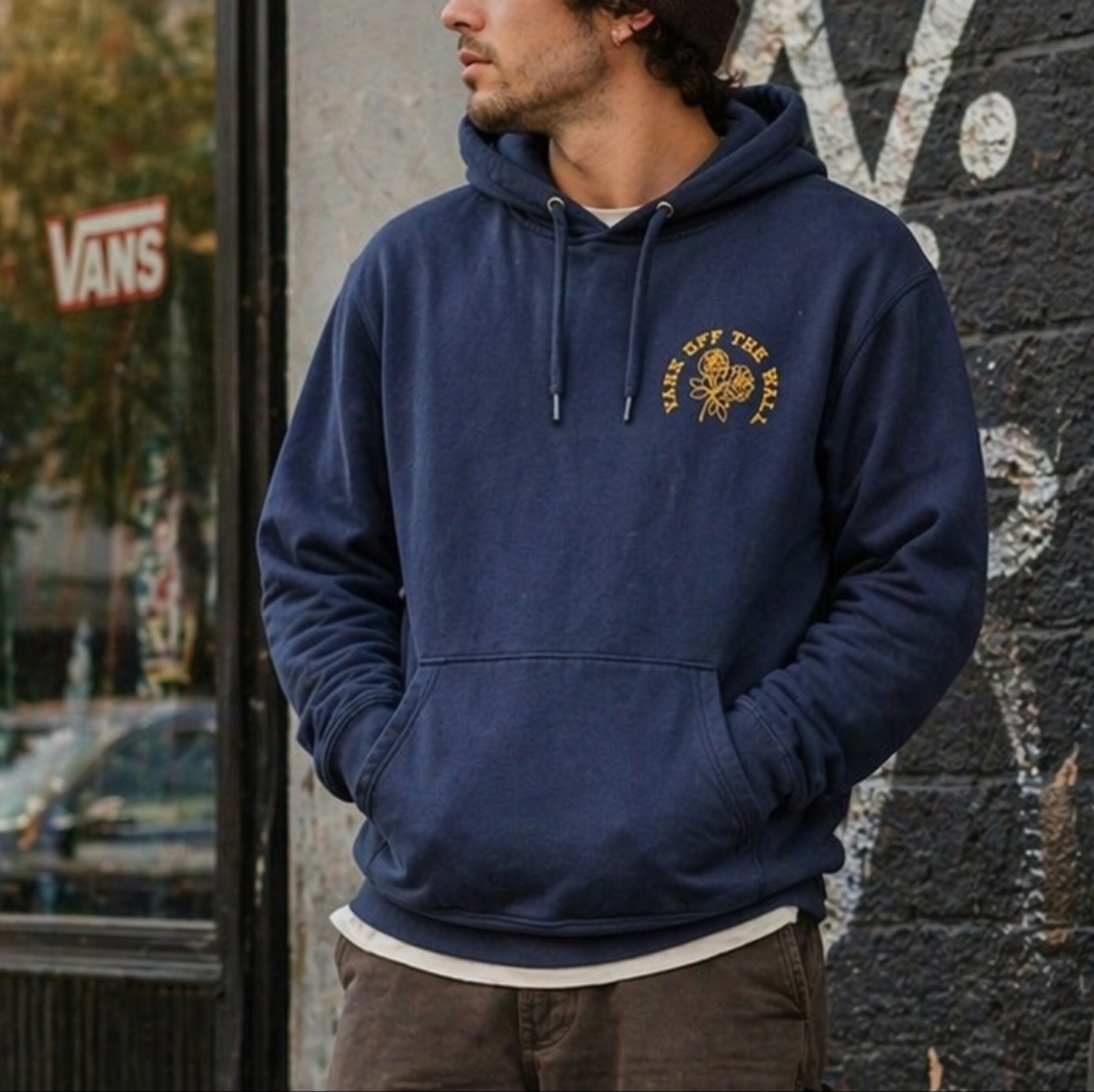 Vans Navy Blue Hoodie Men’s Medium Yellow Graphic Pullover Skate Streetwear